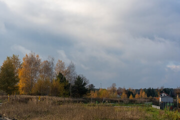 Obraz premium Beautiful autumn landscape with colorful foliage under a gray sky covered with clouds. Concept of seasonal transition and the beauty of nature in fall. High quality photo