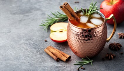 Cocktail with apple cider and cinnamon stick in copper mug on concrete background