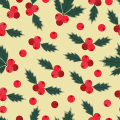 Holly berry seamless pattern. Christmas decoration element. Winter greenery. Leaves with red berries on yellow background.