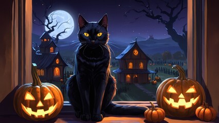 A black cat with glowing yellow eyes sits on a windowsill beside carved pumpkins, overlooking a spooky town under a starry night, creating a perfect Halloween scene.