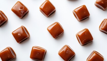 Fototapeta premium Delicious caramel candies against white backdrop