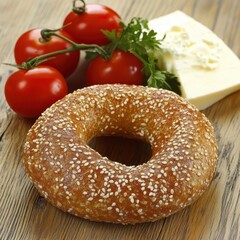 Simit with Sesame Seeds, Creamy Cheese, and Fresh Tomatoes on Table