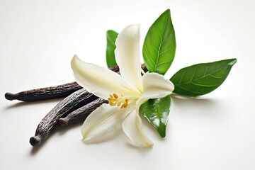 vanilla flower with pods and leaves.generative ai
