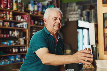 Small business, product and senior man in store to manage startup retail shop as entrepreneur....