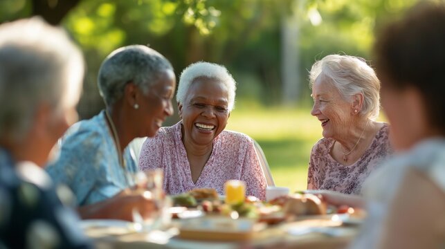 Elderly friends from diverse backgrounds enjoying a joyful picnic in a sunny park