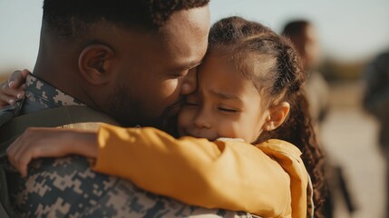 Heartwarming military homecoming embrace between father and daughter at an airport
