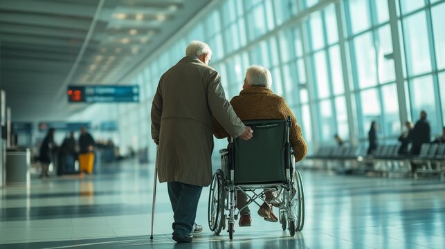 Emotional reunion of an elderly couple at the airport after a long separation filled with love and joy
