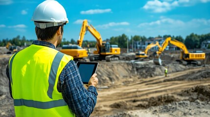 Construction Manager Using Tablet to Control Excavators and Oversee Progress of Job Site Operations