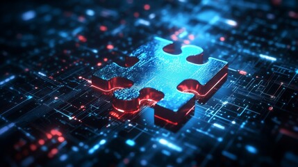 The concept of microservices architecture is symbolized by a puzzle piece on a digital background, emphasizing its modular and interlinked nature.