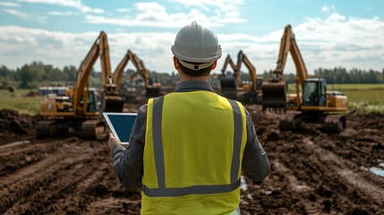 Fototapeta premium Engineer on Construction Site Using Tablet to Manage Excavation Equipment and Track Project Progress