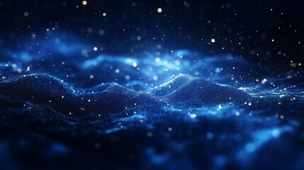 A dark blue abstract background sparkles with glowing particles, evoking a serene cosmic beauty.
