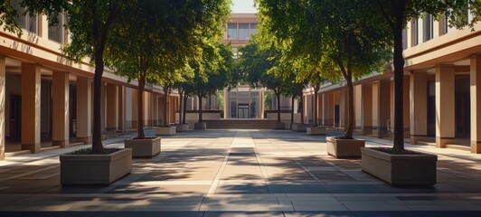 A quiet university campus, with empty lecture halls, tranquil courtyards, and deserted pathways