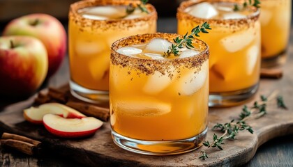 Fall themed apple cider margarita with cinnamon thyme and brown sugar rim in rustic setting