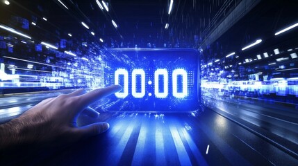 Digital countdown timer reaching zero while a hand attempts to pause time amidst a glitching environment