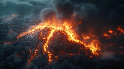 Fototapeta premium Majestic volcanic eruption with flowing lava and ominous clouds, showcasing the raw power of nature in a dramatic landscape.
