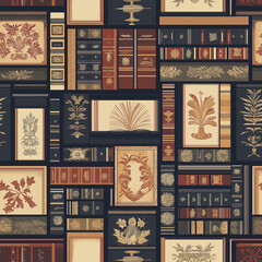 Vintage style pattern with antique book bindings on shelf - seamless pattern