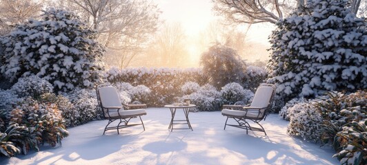 A serene, snow-covered garden, with a set of empty garden chairs and a small table