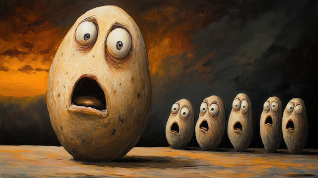 A potato with eyes and a face is standing next to other potatoes, AI