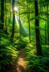 lush green forest canopies bathed sunlight vibrant leaves dynamic light patterns creating stunning natural scene, canopy, trees, nature, shadows, foliage