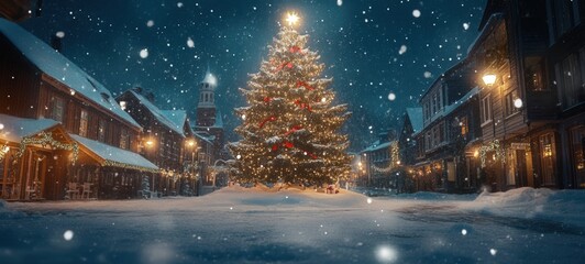 A snow-covered town square, with a grand Christmas tree adorned with lights and ribbons