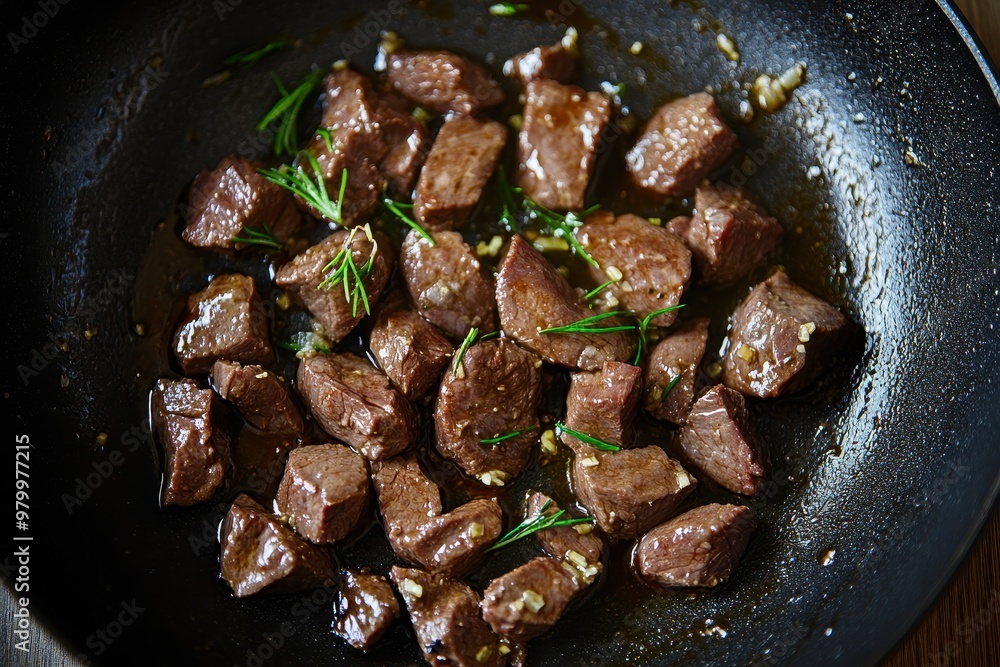 Poster Fry raw beef liver in pan for beef stroganoff preparation step 3