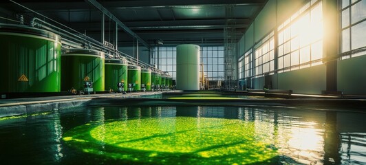A sustainable algae farm, with photobioreactors growing algae in a clean