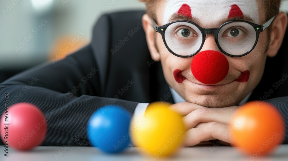 Poster a man with clown nose and red painted face sitting in front of a row of colorful balls, ai