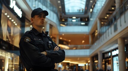Fototapeta premium A security guard in a black uniform stands alert at the entrance of a bustling shopping mall.