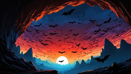 A dramatic sunset scene with a sky full of silhouetted bats flying over rugged mountains, creating a mystical and eerie atmosphere as the sun sets on the horizon.