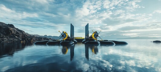 A tidal energy generator, with submerged turbines harnessing the power of ocean tides