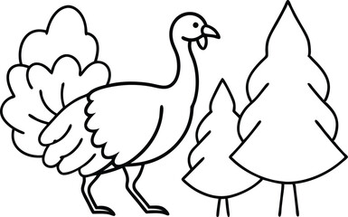 Kids Coloring Page Wild Turkey in Forest Vector Illustration
