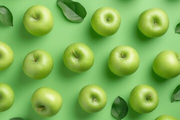 Green apples on green background with fruit pattern in flat lay
