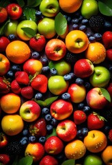 vibrant display seasonal fruits under bright sunshine showcasing colorful array bounty, apple, orange, banana, grape, kiwi, melon, berry, pineapple, citrus