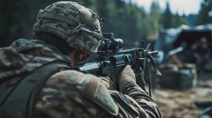 A military engineer is actively constructing defensive positions in a forest environment as part of a tactical training exercise. The area is equipped with supplies and tools