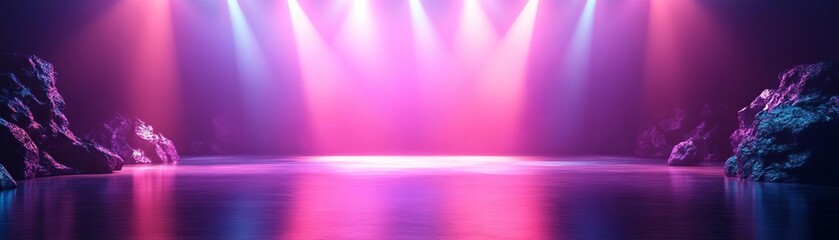 Vibrant stage with colorful lights reflecting on water, creating an atmospheric and dynamic setting for performances.