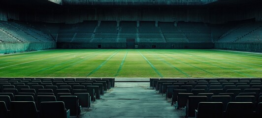 Obraz premium An abandoned sports stadium, with empty seats, a pristine field