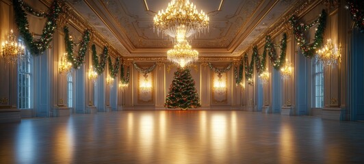 Obraz premium An elegant, empty Christmas ballroom, with sparkling chandeliers