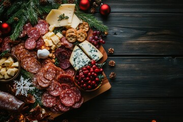 Holiday charcuterie board on dark wood background Assorted cheeses and meats