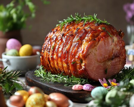 Homemade Easter ham served on a festive table