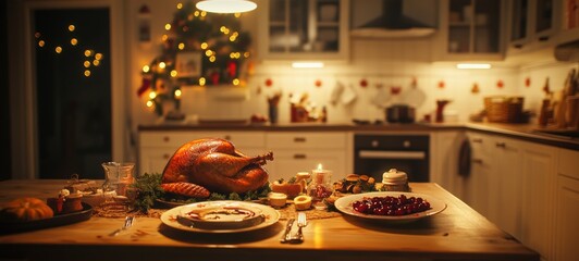 Fototapeta premium An empty Christmas kitchen, with a table set for a festive meal