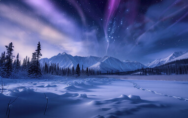 Alaska Denali National Park Aurora and Winter Forest Generative AI