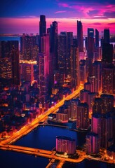 breathtaking sunset overlooking vibrant city skyline illuminated dazzling lights, cityscape, horizon, glow, urban, landscape, beautiful, scenery, twilight