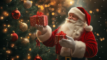 Santa puts presents under the tree