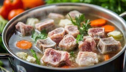 Ingredients for broth or soup beef marrow bones meat fresh vegetables boiled in water