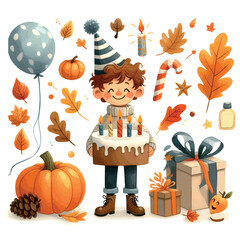 cute set for birthday in autumn. child holds cake with autumn elements. cute autumn set of illustrations of watercolor