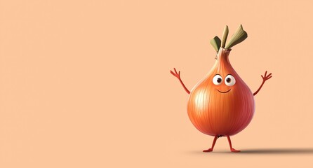 A joyful onion dances playfully in a colorful animated style, celebrating life with a cheerful demeanor on a simple background