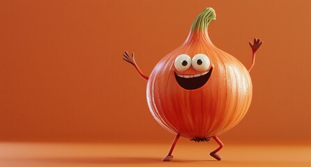A cute dancing onion enjoy a vibrant backdrop in an animated style, bringing joy and whimsy with every move in a playful setting