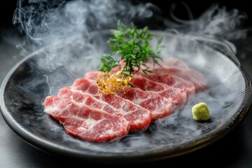 Japanese style rare beef tongue with smoke on plate soft focus