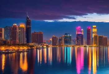 Fototapeta premium vibrant city skyline reflections dusk colorful lights calm waters creating picturesque urban landscape, evening, buildings, architecture, twilight, horizon
