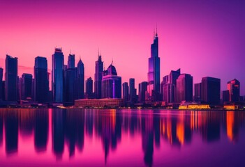 Fototapeta premium stunning vibrant city skyline twilight featuring glowing lights dazzling colors evening sky, architecture, urban, horizon, buildings, landscape, illumination